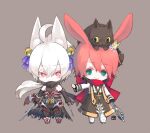  2boys animal_ear_fluff animal_ears animal_on_head arch_bishop_(ragnarok_online) arm_blade bell black_cape black_cat black_gloves black_pants black_shirt blue_eyes bow brown_cape brown_coat cape cat cat_on_head chibi closed_mouth coat commentary_request cropped_jacket cross cross_necklace crown dagger elbow_gloves expressionless fingerless_gloves fox_ears full_body gloves grey_background guillotine_cross_(ragnarok_online) hair_bell hair_between_eyes hair_bow hair_ornament holding holding_dagger holding_knife holding_staff holding_sword holding_weapon jacket jewelry jingle_bell knife kusabi_(aighe) long_bangs long_sleeves looking_at_viewer male_focus mini_crown multiple_boys necklace official_alternate_costume on_head pants purple_bow rabbit_ears ragnarok_online red_armor red_eyes scarf shirt shoes short_hair simple_background sleeveless sleeveless_shirt smile staff standing sword torn_scarf weapon white_hair white_jacket white_pants 