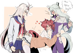  3girls absurdres animal_ears blue_eyes blue_sailor_collar blush bob_cut brown_hair commentary diamond_hairband drill_hair english_commentary english_text fujimasa_march_(umamusume) green_hair grey_hair gym_uniform hairband highres horse_ears horse_girl horse_tail jaz_wispsings kasamatsu_tracen_school_uniform kasamatsu_tracen_training_uniform miniskirt multiple_girls multiple_tails neckerchief norn_ace_(umamusume) oguri_cap_(cinderella_gray)_(umamusume) oguri_cap_(starlight_beat)_(umamusume) oguri_cap_(umamusume) red_eyes red_neckerchief sailor_collar school_uniform skirt speech_bubble tail thigh-highs umamusume umamusume:_cinderella_gray yuri 