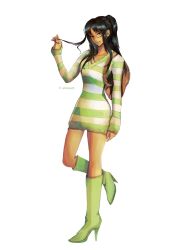  1girl arouuart backpack bag black_hair boots commentary dress full_body glasses green_boots high_heel_boots high_heels highres light_smile nico_robin one_piece one_piece:_strong_world ponytail sidelocks simple_background solo standing standing_on_one_leg sweater sweater_dress twitter_username white_background 