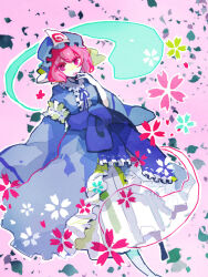  1girl bad_id bad_pixiv_id blue_kimono bow bowtie collar falling_leaves finger_to_mouth floral_print flower frilled_kimono frills ghost hat hitodama japanese_clothes kimono layered_kimono leaf looking_at_viewer md5_mismatch mob_cap pink_background pink_eyes pink_hair saigyouji_yuyuko short_hair solo tarako_supa touhou triangular_headpiece 