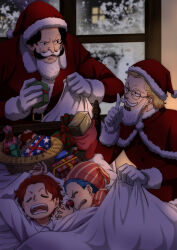  4boys black_hair blonde_hair blue_hair buggy_the_clown capelet child christmas clown_nose commentary_request facial_hair fake_beard fake_facial_hair fake_mustache finger_to_mouth fur-trimmed_capelet fur_trim gift gloves gol_d._roger handlebar_mustache hat highres indoors male_focus mature_male multiple_boys musasabiop mustache night nightcap one_piece red_hair round_eyewear santa_costume santa_hat shanks_(one_piece) short_hair shushing silvers_rayleigh white_gloves window winter 