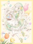  1girl apron balloon basket blush bow dress easter easter_egg egg frilled_dress frills full_body gloves green_dress green_eyes green_footwear hair_bow high_heels highres kuzuhara_kazuya long_hair multiple_hair_bows open_mouth original solo swept_bangs thigh-highs twintails white_apron white_gloves white_hair white_thighhighs yellow_bow 