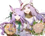  2girls animal_ears bare_shoulders beret bouquet closed_mouth dress ears_through_headwear flower gold_ship_(umamusume) hair_flower hair_ornament hat highres hikawayunn holding holding_bouquet horse_ears long_hair looking_at_viewer mejiro_mcqueen_(umamusume) multiple_girls navel open_mouth purple_hair shirt simple_background sleeveless sleeveless_shirt smile umamusume upper_body violet_eyes white_background white_dress white_headwear white_shirt 