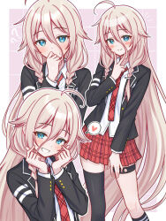  1girl ? ?? ahoge asymmetrical_legwear bag black_jacket black_socks black_thighhighs blazer blonde_hair blue_eyes blush braid closed_mouth collared_shirt commentary_request contrapposto covering_own_mouth double_finger_heart finger_heart grin hair_between_eyes hair_flaps hand_over_own_mouth hands_up heart highres ia_(vocaloid) jacket kneehighs lapels layered_sleeves long_bangs long_hair long_sleeves looking_at_viewer miniskirt multiple_views necktie notched_lapels notice_lines open_clothes open_jacket outline plaid_clothes plaid_necktie plaid_skirt pleated_skirt red_necktie red_skirt school_bag school_uniform shiro_noe shirt sidelocks single_kneehigh single_sock single_thighhigh skirt smile socks spoken_heart thigh-highs thigh_strap twin_braids uneven_legwear v v_over_mouth very_long_hair vocaloid white_outline white_shirt zettai_ryouiki 