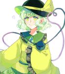  1girl black_headwear blouse blush buttons closed_mouth commentary diamond_button floral_print frilled_shirt_collar frilled_sleeves frills green_eyes green_hair green_skirt hat hat_ribbon heart heart_of_string highres komeiji_koishi kutsushita_0326 long_sleeves looking_at_viewer ribbon rose_print shirt short_hair simple_background skirt sleeves_past_wrists smile solo third_eye touhou upper_body white_background wide_sleeves yellow_ribbon yellow_shirt 