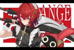  1girl 1other absurdres ange_katrina bangboo_(zenless_zone_zero) black_shirt black_wrist_cuffs blue_eyes chain character_name closed_mouth commentary_request crossed_bangs drop_shadow flat_chest frilled_wrist_cuffs frills frown gradient_eyes hair_between_eyes hair_ornament hand_up highres holding holding_sword holding_weapon ikvugzu5zu51627 letterboxed long_bangs maid_headdress medium_hair multicolored_eyes multicolored_hair nail_polish nijisanji official_alternate_costume over_shoulder puffy_short_sleeves puffy_sleeves purple_hair red_background red_hair red_nails shirt short_sleeves sword triangle_hair_ornament two-tone_hair violet_eyes virtual_youtuber weapon weapon_over_shoulder white_background white_headdress wrist_cuffs x_hair_ornament zenless_zone_zero 