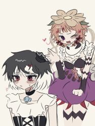  2girls choker clenched_hand dress flower flower_on_head fukuroi_marika generalpukin hair_flower hair_ornament highres magical_girl mahou_shoujo_ikusei_keikaku mahou_shoujo_ikusei_keikaku_jokers multicolored_hair multiple_girls plant purple_skirt short_hair simple_background skirt smile styler_mimi two-tone_hair vines violet_eyes 