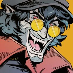  1boy artist_name black_hair deadlock_(game) drifter_(deadlock) facial_hair fangs hat looking_at_viewer male_focus newsboy_cap nurci46 pointy_ears red_eyes short_hair simple_background smile solo tinted_eyewear upper_body vampire yellow-tinted_eyewear yellow_background 