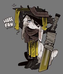  1girl animal_ears animal_hands animal_print arm_wrap bandage_over_one_eye black_bandages blonde_hair blue_eyes centauroid character_name droopy_ears faust_(project_moon) fur_trim hat heishou_pack-mao_branch_(identity)_(project_moon) highres holding holding_weapon horizontal_pupils limbus_company monster_girl monsterification ny_000a pale_skin project_moon rabbit_paws rabbit_print simple_background sitting smile straw_hat tail taur twitter_username weapon 