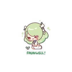  1girl :d ^_^ blush ceres_fauna chibi chibi_only closed_eyes commentary decrilus english_commentary english_text full_body green_hair highres hololive hololive_english long_hair open_mouth simple_background sitting smile solo sprout virtual_youtuber white_background 