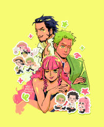  1girl 2boys absurdres beard black_hair black_nails blunt_bangs braid braided_sidelocks chibi commentary dracule_mihawk eating facial_hair food ghost green_hair green_kimono hair_slicked_back haramaki hat highres japanese_clothes kimono long_hair looking_at_viewer multiple_boys one_eye_closed one_piece onigiri perona ponytail roronoa_zoro scar scar_across_eye scar_on_face short_hair sidelocks star_(symbol) straw_hat twitter_username wwapich yellow_background 