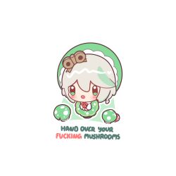  1girl :d absurdres blush bow bowtie cecilia_immergreen chibi chibi_only commentary decrilus english_commentary english_text full_body green_eyes green_hat green_skirt green_streaks grey_hair hat highres hololive hololive_english multicolored_hair mushroom open_mouth outline profanity red_bow red_bowtie short_hair simple_background skirt smile solo standing streaked_hair virtual_youtuber white_background white_outline winding_key 