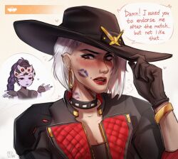  2girls absurdres after_kiss artist_name ashe_(overwatch) black_jacket blush bracelet braid choker colored_skin cowboy_hat cowgirl_(western) earrings embarrassed fingerless_gloves gloves hat highres hoop_earrings jacket jewelry lipstick lipstick_mark lipstick_mark_on_face long_hair makeup mole mole_above_mouth multiple_girls overwatch purple_hair purple_skin red_eyes red_lips redscarfabs short_hair shrugging single_braid speech_bubble white_hair widowmaker_(overwatch) yuri 