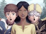  1girl 2boys :o amuro_ray black_hair black_jacket blonde_hair blue_eyes blue_hair bright_pupils char_aznable clouds collarbone double_bun facial_mark forehead_mark green_eyes gundam hair_bun jacket lalah_sune looking_at_viewer mask mobile_suit_gundam multiple_boys no_pupils open_mouth parody parted_hair parted_lips sakkan sky smile straight-on swing_out_sister_(band) tree v-shaped_eyebrows white_pupils 