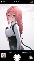  1girl absurdres black_gloves blush book breasts chen_kang commentary_request dress_shirt glasses gloves hair_between_eyes hand_on_own_chest hand_up highres holding holding_book large_breasts long_hair looking_at_viewer open_mouth pink_eyes pink_hair shirt sidelocks simple_background skirt solo tsukishiro_yanagi viewfinder white_background white_shirt zenless_zone_zero 