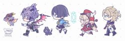  1girl 3boys albedo_(genshin_impact) anemo_symbol_(genshin_impact) animalization arm_at_side backpack bag belt black_belt black_boots black_bridal_gauntlets black_cat black_coat black_gloves black_hood black_sandals black_shorts black_tail blonde_hair blue_cape blue_eyes blue_gem blue_halo blunt_ends boots braid bridal_gauntlets bright_pupils brown_bag brown_boots brown_gloves cape cat chibi chibi_only closed_eyes closed_mouth coat commentary_request diamond-shaped_pupils diamond_(shape) dodoco_(genshin_impact) dragon dragon_tail dragon_wings dress durin_(genshin_impact) eyelashes eyeliner facing_another fang feathers flying from_side furisode gem genshin_impact geo_symbol_(genshin_impact) gloves gold_ring gold_trim half_up_braid halo halo_behind_head hat hat_feather heart heart_print highres hinaszk hood hood_down hooded_coat index_finger_raised japanese_clothes kimono klee_(genshin_impact) layered_dress leg_warmers looking_at_another low_twintails makeup medium_hair mid-stride middle_ring mini_durin_(genshin_impact) multicolored_hair multiple_boys newsboy_cap open_hand open_mouth outstretched_arm pants person_and_animalization pink_wings pointing pointing_forward pointy_ears pom_pom_(clothes) profile purple_hair purple_sash randoseru red_dress red_eyeliner red_eyes red_hat sandals sash scaramouche_(cat)_(genshin_impact) scaramouche_(genshin_impact) shorts side_cape skin_fang small_dragon smile stirrup_legwear streaked_hair symbol-shaped_pupils tail toeless_legwear twintails wanderer_(genshin_impact) watermark white_background white_coat white_dress white_gloves white_kimono white_leg_warmers white_pants white_pupils white_trim wings yellow_feathers yellow_gem zouri 