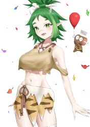  1girl 1nnards 3am bone_hair_ornament boned_meat breasts cavewoman crop_top fangs food green_eyes green_hair hair_ornament highres horns meat meat_(vtuber) navel open_mouth pelt pointy_ears smile teeth thighs tiger_pelt under_boob virtual_youtuber white_background 