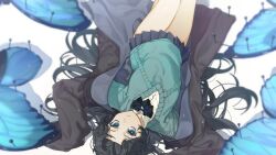  1girl absurdres black_coat black_hair black_skirt blue_bow blue_bowtie blue_butterfly blue_eyes bow bowtie bug butterfly butterfly-shaped_pupils coat collared_shirt commentary_request green_sweater hair_spread_out highres long_hair long_sleeves looking_at_viewer lying miniskirt on_back open_clothes open_coat original pin pleated_skirt shimiya_jin shirt skirt solo sweater symbol-shaped_pupils very_long_hair white_shirt 