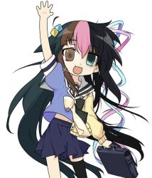  1girl 9nenn_(kaori) :d absurdly_long_hair arm_up asymmetrical_legwear asymmetrical_sleeves bag bags_under_eyes black_bow black_bowtie black_hair black_socks black_thighhighs blue_eyes blue_skirt bocchi_the_rock! bow bowtie brown_eyes cardigan chimerism chouzetsusaikawa_tenshi-chan cowboy_shot cube_hair_ornament femceltron fusion gotoh_hitori green_hair hair_between_eyes hair_flaps hair_ornament heterochromia highres holding holding_bag iwakura_lain izumi_konata kimi_to_kanojo_to_kanojo_no_koi. kuroki_tomoko long_hair long_sleeves looking_at_viewer lucky_star miniskirt mukou_aoi_(totono) multicolored_hair needy_girl_overdose open_mouth pink_hair pleated_skirt quad_tails sailor_collar saya_(saya_no_uta) saya_no_uta school_uniform serial_experiments_lain short_sleeves simple_background skirt smile socks sone_miyuki standing thigh-highs ultimate_moe very_long_hair watashi_ga_motenai_no_wa_dou_kangaetemo_omaera_ga_warui! white_background x_hair_ornament yellow_bow yellow_bowtie yellow_cardigan yoshimizu_kagami_(style) 
