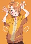  1boy blush bun_(jewd5385) drawn_wings hair_over_one_eye highres hirogaru_sky!_precure jacket long_bangs male_focus open_mouth orange_background orange_hair precure red_eyes short_sleeves simple_background solo yellow_jacket yuunagi_tsubasa zipper 