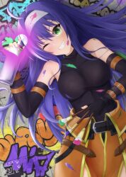  1girl :d ahoge artist_logo bare_shoulders blue_hair dated detached_sleeves fire_emblem fire_emblem:_path_of_radiance graffiti green_eyes grin hair_intakes headband heart highres holding holding_paintbrush holding_spray_can logo long_hair long_sidelocks looking_at_viewer mia_(fire_emblem) one_eye_closed paint paint_on_body paint_on_clothes paint_splatter paint_splatter_on_face paintbrush parted_lips ryuusaki_rei sidelocks smile solo spray_can spray_paint upper_body white_headband 