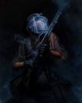  black_background dark gas_mask gloves gun helmet holding holding_weapon mask nicboone original simple_background solo standing weapon 
