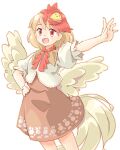  1girl animal_on_head arnest bird bird_on_head blonde_hair blush chick cowboy_shot dress hand_on_own_hip medium_hair multicolored_hair niwatari_kutaka on_head open_mouth orange_dress outstretched_arm red_eyes redhead short_sleeves simple_background smile solo tail touhou two-tone_hair white_background wings 