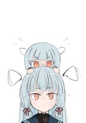  1girl black_sailor_collar blue_hair character_doll chibi doll doll_on_head floating_headgear hair_ribbon headgear hikashima_(shiofune) kantai_collection long_hair looking_at_viewer meta murakumo_(kancolle) orange_eyes ribbon sailor_collar short_eyebrows simple_background solo thick_eyebrows tress_ribbon upper_body white_background 
