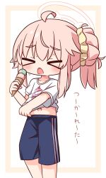  >_< 1girl absurdres ahoge blue_archive blue_shorts blush border brown_border closed_eyes food hair_between_eyes hair_bun halo hana_kazari highres holding holding_food ice_cream ice_cream_cone multiple_scoops natsu_(blue_archive) navel open_mouth pink_hair shirt short_sleeves shorts side_ponytail single_side_bun solo sweat translation_request white_background white_shirt 
