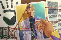  1girl 2boys arnold_(jojo) black_hair blonde_hair cheekbones cigarette coat commentary diamond_wa_kudakenai english_commentary formal_clothes green_necktie highres holding holding_photo jacket jojo_no_kimyou_na_bouken kawajiri_kosaku kennichijou kira_yoshikage kujo_jotaro male_focus multiple_boys necktie photo_(object) pinstripe_pattern pinstripe_shirt pov pov_hands purple_shirt shirt spiky_hair string string_of_fate striped_clothes striped_shirt sugimoto_reimi suit vertical-striped_clothes vertical-striped_shirt white_coat white_jacket 