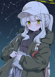  1girl absurdres backpack bag baseball_cap black_scarf blue_archive blush closed_mouth commentary_request constellation green_eyes green_jacket grey_bag halo hare_(blue_archive) hare_(camp)_(blue_archive) hat highres hood hood_down hooded_jacket hosinonana jacket long_hair long_sleeves looking_at_viewer night official_alternate_costume official_alternate_hairstyle open_clothes open_jacket ponytail scarf sidelocks solo standing upper_body white_hat 