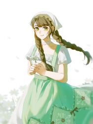  1girl apron argyle_apron argyle_clothes binglingyue51786 bow bow_apron braid brown_bow brown_hair chinese_commentary choker collarbone commentary_request country_lolita cowboy_shot daisy_(flower) dot_nose dress field floating_clothes floating_hair floral_print flower flower_field green_apron green_eyes hair_over_shoulder happy headscarf highres holding holding_flower infinity_nikki lace lace-trimmed_headwear lace_choker lace_trim lolita_fashion long_dress long_hair loose_hair_strand low_twin_braids nikki_(series) open_mouth own_hands_together petals print_apron puffy_short_sleeves puffy_sleeves short_sleeves smile solo spring_blossom_(infinity_nikki) square_neckline standing swept_bangs teeth twin_braids very_long_hair white_background white_choker white_dress white_flower white_headscarf wind 