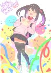  1girl backpack bag black_hair black_skirt black_thighhighs blush c: closed_eyes colored_inner_hair confetti dated full_body happy happy_birthday highres holding holding_stuffed_toy hood hood_down hoodie long_sleeves miniskirt multicolored_hair onii-chan_wa_oshimai! open_mouth oyama_mihari pink_hoodie pleated_skirt purple_hair red_shirt shirt shoes sidelocks skirt smile sneakers solo stuffed_toy tama_go thigh-highs twintails two-tone_hair white_footwear zettai_ryouiki 