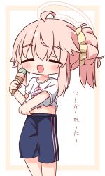  1girl :d absurdres ahoge blue_archive blue_shorts blush border brown_border closed_eyes food hair_between_eyes hair_bun halo hana_kazari highres holding holding_food ice_cream ice_cream_cone multiple_scoops natsu_(blue_archive) navel pink_hair shirt short_sleeves shorts side_ponytail single_side_bun smile solo sweat translation_request white_background white_shirt 