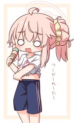  1girl absurdres ahoge blue_archive blue_shorts blush border brown_border food hair_between_eyes hair_bun halo hana_kazari highres holding holding_food ice_cream ice_cream_cone multiple_scoops natsu_(blue_archive) navel o_o open_mouth pink_hair shirt short_sleeves shorts side_ponytail single_side_bun solo sweat translation_request wavy_mouth white_background white_shirt 