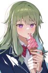  1girl azit_(down) blue_jacket bow bowtie food green_hair hair_ornament ice_cream jacket kusanagi_nene long_hair project_sekai shirt solo tongue tongue_out violet_eyes white_background white_shirt 