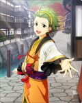  1boy ahoge card_(medium) ear_piercing fingernails green_eyes green_hair hairband idolmaster idolmaster_side-m idolmaster_side-m_growing_stars male_focus mitarai_shouta official_art open_mouth piercing smile solo wide_sleeves yellow_hairband 