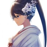  1girl artist_name black_hair blue_eyes closed_mouth dated flower from_side hair_between_eyes hair_flower hair_ornament haruka_faraway716 highres houshou_(kancolle) japanese_clothes kantai_collection kimono long_hair ponytail profile shiromuku simple_background solo twitter_username uchikake white_background white_flower 