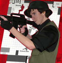  1boy :| adam_lanza aiming ar-15 artist_name bare_arms black_gloves black_hat black_shirt blue_eyes blurry border brown_hair bucket_hat closed_mouth collared_shirt commentary diagram earphones earphones english_commentary english_text expressionless finger_on_trigger fingerless_gloves fingernails from_side gloves goodfolk2 green_vest grid_background gun hair_behind_ear halftone hands_up happy_birthday hat highres holding holding_gun holding_weapon layered_sleeves lips looking_ahead male_focus outline outside_border pocket real_life realistic red_border red_outline rifle sandy_hook_elementary_school_shooting shirt short_hair short_sleeves solo true_crime upper_body upturned_eyes very_short_hair vest weapon white_background 
