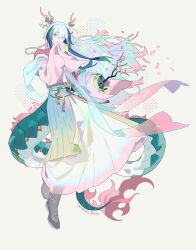  1boy adapted_costume arknights blue_coat blue_hair blue_shawl blush branch brown_shoes coat colored_extremities covering_own_mouth crossdressing crossdressing_(mtf) dragon_boy dragon_horns dragon_tail gradient_coat gradient_hair gradient_shawl highres holding holding_branch horns long_hair looking_at_viewer male_focus multicolored_hair pink_coat pink_eyes pink_hair pink_shawl pointy_ears shawl shime52631 shoes simple_background skirt sleeves_past_fingers sleeves_past_wrists solo tail twitter_username white_background white_skirt yellow_coat yi_(arknights) 
