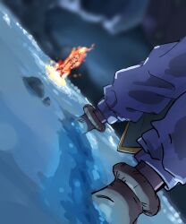  2boys absurdres aura beerus blue_sash blue_shirt blurry blurry_background dougi dragon_ball dragon_ball_super dragon_ball_z dragon_ball_z_kami_to_kami feet foot_focus highres kazumax76 male_focus multiple_boys orange_pants orange_shirt pants red_hair sash shirt solo_focus son_goku spiky_hair standing standing_on_liquid super_saiyan super_saiyan_god walking 