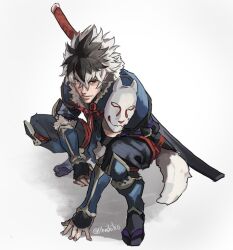  1boy alternate_costume black_hair fire_emblem fire_emblem_fates hashiko_(neleven) male_focus mask mask_on_shoulder mouth_mask multicolored_hair ninja ninja_mask shura_(fire_emblem) solo two-tone_hair white_hair 