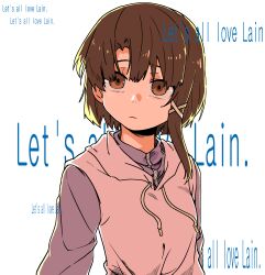  1girl absurdres asymmetrical_hair brown_eyes brown_hair commentary drawstring english_commentary english_text hair_between_eyes hair_ornament hair_over_eyes highres hood hoodie iwakura_lain jacket light_frown long_single_sidelock long_sleeves pink_hoodie purple_jacket serial_experiments_lain short_hair simple_background single_sidelock sleeveless sleeveless_hoodie solo ting_mong track_jacket upper_body white_background x_hair_ornament zipper 