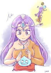  2girls asymmetrical_dress brown_eyes circlet coin crystal_ball cushion dark-skinned_female dark_skin dragon_quest dragon_quest_iv dress earrings forehead_jewel gem gold_coin green_gem highres holding holding_orb jewelry light_frown long_hair looking_at_viewer metal_bra minea_(dq4) multiple_girls orange_dress orb pelvic_curtain purple_hair silver_circlet single_bare_shoulder single_sleeve slime_(dragon_quest) solo_focus theft upper_body v-shaped_eyebrows yukaokayu 