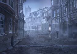  arched_window blue_archive brick_floor broken_window building clouds cool_colored european_architecture fog game_cg haze lamppost no_humans non-web_source official_art outdoors pavement perspective road rubble ruins scenery self-datamine sett sky street town window 