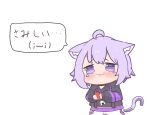  1girl :3 ahoge animal_ears black_choker blush cat_ears cat_girl cat_tail chibi choker closed_mouth cowboy_shot earl_grey_no_chaba highres holding holding_phone hololive hood hoodie light_purple_hair long_sleeves medium_hair midriff nekomata_okayu pants phone puffy_long_sleeves puffy_sleeves sidelocks simple_background sleeves_past_wrists smile solo tail tearing_up translated violet_eyes virtual_youtuber wavy_eyes white_background 