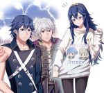  1girl 2boys alternate_costume ameno_(a_meno0) arm_tattoo black_pants black_robe blue_eyes blue_hair blue_jacket blush brown_eyes buttons character_print chrom_(fire_emblem) father_and_daughter fire_emblem fire_emblem_awakening grin hair_between_eyes hood hood_down hooded_robe jacket long_hair long_sleeves lucina_(fire_emblem) multiple_boys muscular muscular_male pants robe robin_(fire_emblem) robin_(male)_(fire_emblem) short_hair single_sleeve sleeves_past_wrists smile solo sweat sweatdrop sweater tattoo tiara white_hair white_sweater 