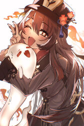  1girl black_hat black_nails blush brown_hair coattails commentary_request flower flower-shaped_pupils genshin_impact ghost hair_between_eyes hand_up hat hat_flower hat_tassel highres hu_tao_(genshin_impact) jewelry long_hair long_sleeves looking_at_viewer multiple_rings one_eye_closed open_mouth plum_blossoms porkpie_hat red_eyes ring shorts simple_background smile symbol-shaped_pupils tailcoat twintails uha_(pixiv51732074) v very_long_hair white_background 
