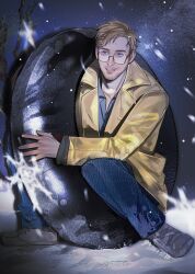  1boy aegyo_sal beard_stubble blonde_hair blue_eyes blue_shirt chromatic_aberration coat cowboy_shot facial_hair full_body glasses grin highres looking_at_viewer male_focus motion_blur open_clothes open_coat parted_lips popped_collar project_hail_mary ryland_grace shirt short_hair sitting smile snowflakes solo spare_tire stubble sunyears1 unused_tire yellow_coat 