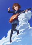  1girl :d black_pantyhose blazer blue_jacket blue_ribbon blue_sky blush brown_eyes brown_footwear brown_hair clouds collared_shirt commentary_request electric_guitar full_body grey_skirt guitar hair_between_eyes hair_ornament hairclip highres hirasawa_yui holding holding_instrument instrument jacket k-on! loafers long_sleeves looking_at_viewer mandei_(nao_1234567) neck_ribbon open_mouth outdoors pantyhose pleated_skirt ribbon sakuragaoka_high_school_uniform school_uniform shirt shoes short_hair skirt sky smile solo teeth upper_teeth_only white_shirt winter_uniform 